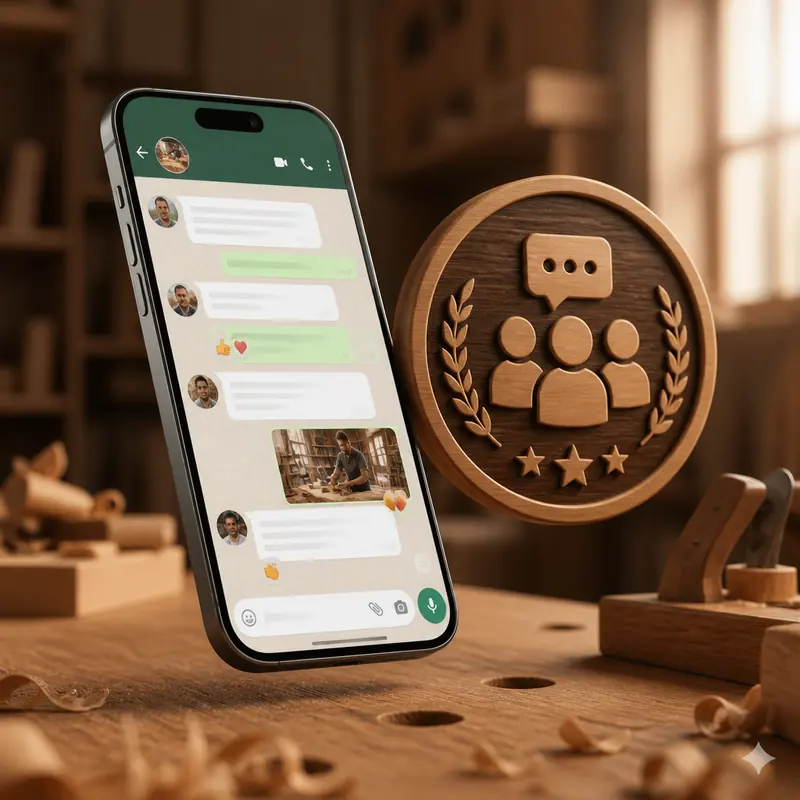 Mockup da comunidade exclusiva no WhatsApp para marceneiros